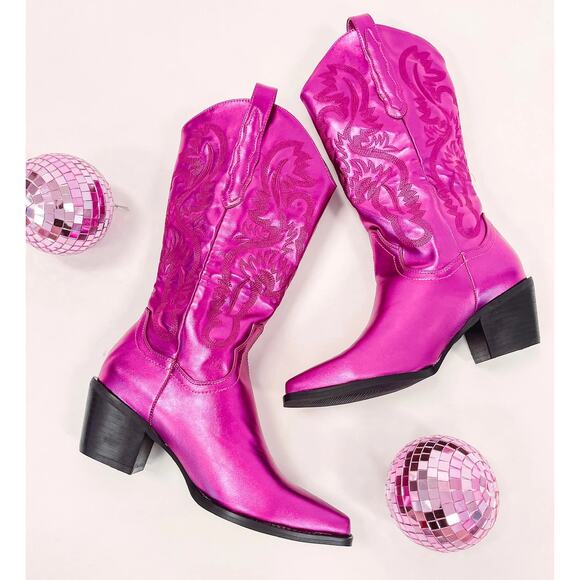 NEW Billini Danilo Metallic Fushcia Pink Cowboy Boots Swiftie Barbie Size 9 - Picture 1 of 14